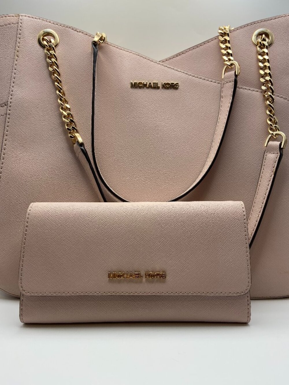 Michael Kors Jet Set Travel Large Chain Shoulder Tote & Wallet Powder Blush Pink